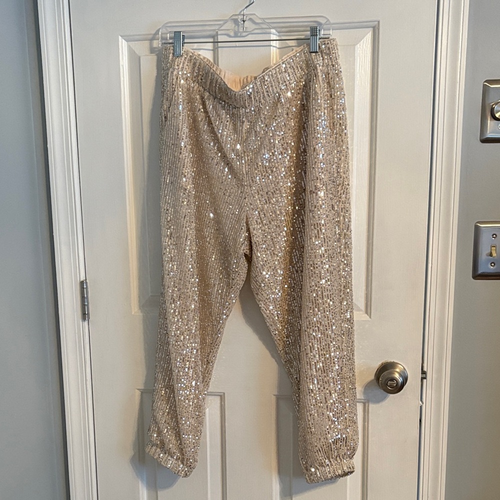 LOFT Sequin Embellished Beige Joggers